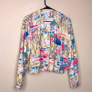 VTG George Georgiuo Women’s Silk Watercolor Art Multi-Color Zip-Up Jacket
